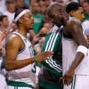 FILE - 27 JUNE 2013: Star players Kevin Garnett and Paul Pierce of the Boston Celtics are being traded to the Brooklyn Nets for a package of players that includes three first-round picks, according to published reports. BOSTON, MA - MAY 3: Paul Pierce #34 of the Boston Celtics and Kevin Garnett #5 exchange words in the final moment in the 4th quarter in Game Six of the Eastern Conference Quarterfinals of the 2013 NBA Playoffs on May 3, 2013 at TD Garden in Boston, Massachusetts. The Celtics lost 88-80. (Photo by Jim Rogash/Getty Images)