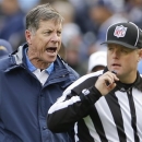 San Diego Chargers coach Norv Turner yells at line judge Rusty Baynes during the first half of an NFL football game against the Oakland Raiders Sunday, Dec. 30, 2012, in San Diego. The incident occurred after an altercation between players led to the ejection of the Chargers' Takeo Spikes and Raiders' Mike Goodson. (AP Photo/Lenny Ignelzi)