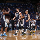 OKLAHOMA CITY, OK - MAY 7: Tony Allen #9 of the Memphis Grizzlies high fives teammates Marc Gasol #33 and Jerryd Bayless #7 in Game Two of the Western Conference Semifinals against the Oklahoma City Thunder during the 2013 NBA Playoffs on May 7, 2013 at the Chesapeake Energy Arena in Oklahoma City, Oklahoma. (Photo by Joe Murphy/NBAE via Getty Images)