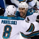 San Jose Sharks' Dan Boyle, right, celebrates his goal against the Vancouver Canucks with teammate Joe Pavelski during the third period in game 1 of an NHL Western Conference quarter-final playoff hockey series in Vancouver, British Columbia Wednesday May 1, 2013. (AP Photo/The Canadian Press, Darryl Dyck)