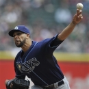Tampa Bay Rays starting pitcher David Price delivers against the Chicago White Sox during the first inning of a baseball game in Chicago, Sunday, April 28, 2013. (AP Photo/Paul Beaty)