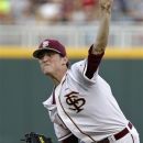 Florida State starting pitcher Brandon Leibrandt delivers against Arizona in the first inning of an NCAA College World Series baseball game in Omaha, Neb., Friday, June 15, 2012. (AP Photo/Nati Harnik)
