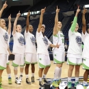Notre Dame celebrates their Big East Conference women's tournament championship win over Connecticut in an NCAA college basketball game in Hartford, Conn., Tuesday, March 12, 2013. (AP Photo/Jessica Hill)