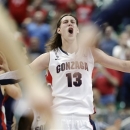 Gonzaga's Kelly Olynyk reacts after Saint Mary's called time out during the second half of the West Coast Conference tournament championship NCAA college basketball game, Monday, March 11, 2013, in Las Vegas. Gonzaga won 65-51. (AP Photo/Julie Jacobson)