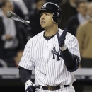 New York Yankees' Alex Rodriguez tosses his bat after striking out to end the sixth inning of Game 4 of the American League division baseball series against the Baltimore Orioles, Thursday, Oct. 11, 2012, in New York. (AP Photo/Kathy Willens)