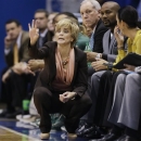 Baylor coach Kim Mulkey calls a play during the first half of an NCAA college basketball game against Kansas in Lawrence, Kan., Sunday, Jan. 13, 2013. Baylor defeated Kansas 82-60. (AP Photo/Orlin Wagner)