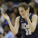 Connecticut forward Breanna Stewart (30) reacts after making a three-point basket against Notre Dame during the first half at the women's NCAA Final Four college basketball tournament semifinal against Notre Dame, Sunday, April 7, 2013, in New Orleans. (AP Photo/Dave Martin)