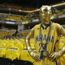 Landon Roosa watches as the Indiana Pacers prepare for Game 3 of an Eastern Conference semifinal NBA basketball playoff series against the New York Knicks in Saturday, May 11, 2013, in Indianapolis. (AP Photo/Darron Cummings)