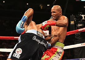 Bernard Hopkins is thrown to the ground Chad Dawson during their WBC light heavyweight title fight Saturday.