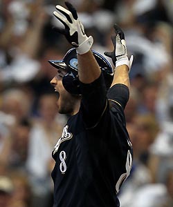 The Brewers' Ryan Braun reacts after hitting a two-run home run in the first inning against the Diamondbacks in Game Two of the National League Division Series.