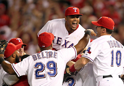 Nelson Cruz and the Ranger celebrate winning their second consecutive ALCS title.