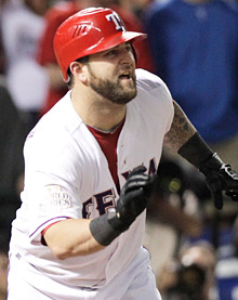 The Rangers' Mike Napoli is batting .308 through five World Series games.