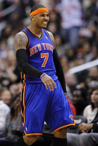 New York Knicks Forward Carmelo Anthony (7) Reacts