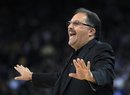 Orlando Magic coach Stan Van Gundy instructs his team against the Golden State Warriors during the first half of an NBA basketball game in Oakland, Calif., Thursday, Jan. 12, 2012.