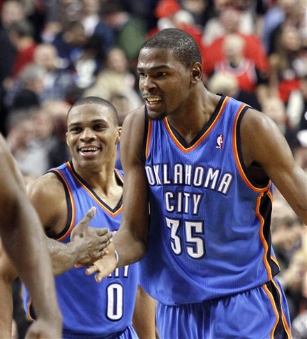 Oklahoma City Thunder's Kevin Durant, Right, And Russell Westbrook Celebrate