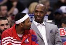 Los Angeles Clippers ' Chauncey Billups , right, and Mo Williams watch from the bench their team take on the Detroit Pistons during an NBA basketball game in Los Angeles, Sunday, March 18, 2012. The Clippers defeated the Pistons 87-83 in overtime. Billups is out for the season with a torn Achilles' tendon.