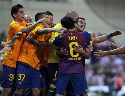 FC Barcelona's Pedro Rodriguez, Right, Celebrates