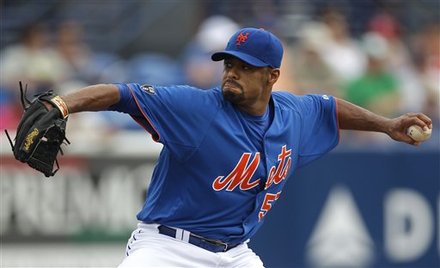 New York Mets Starting Pitcher Johan Santana Throws Against The Miami Marlins In The First Inning Of A Spring Training