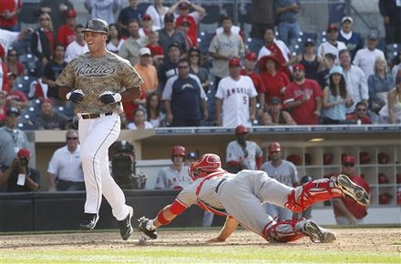 San Diego Padres' Clayton Richard Crosses Home Late And Beats The Attempt Tag Of Los Angeles Angels Catcher John Hester
