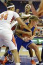 Duke's Allison Vernerey, right, wrestles the ball away from Clemson's Natiece Ford (34) during the second half of an NCAA college basketball game, Friday, Jan. 27, 2012, in Clemson, S.C. Duke won 81-37.