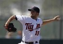 FILE - In this March 3, 2012 file photo, Minnesota Twins relief pitcher Glen Perkins (15) plays in a spring training baseball game against the Tampa Bay Rays , in Fort Myers, Fla. The team signed the left-handed setup man to a three-year extension on Thursday, March 8, 2012, that is worth $10.3 million with a team option for 2016.