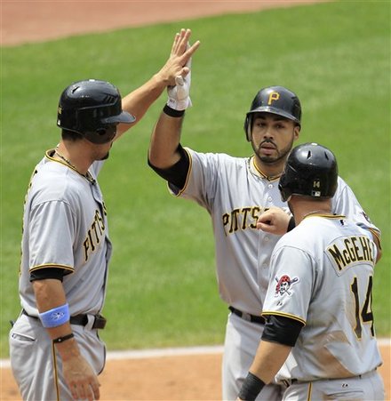 Pittsburgh Pirates' Pedro Alvarez, Center, Is Congratulated By Teammates Garrett Jones, Left, And Casey McGehee, Right,