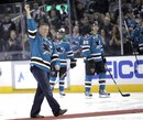 Former San Jose Shark and recently retired Owen Nolan waves to the crowed before dropping the ceremonious first puck during the San Jose Sharks against the Calgary Flames in a NHL hockey game in San Jose, Calif., Wednesday, Feb. 8, 2012.