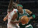 Boston Celtics small forward Paul Pierce , right, drives past Chicago Bulls small forward Luol Deng during the first half of an NBA basketball game on Thursday, Feb. 16, 2012, in Chicago.
