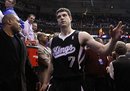 Sacramento Kings guard Jimmer Fredette (7) leaves the court after the second half of an NBA basketball game against the Utah Jazz , Saturday, Jan. 28, 2012, in Salt Lake City. The Utah Jazz won 96-93.