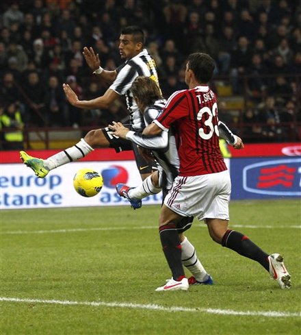 Juventus Forward Alessandro Matri, Center, Scores As AC Milan Brazilian Defender Thiago Silva, Right, Tries To Stop Him,