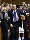 Duke coach Mike Krzyzewski argues with an official during the second half of an NCAA college basketball game against Virginia Tech in Durham, N.C., Saturday, Feb. 25, 2012. Duke won 70-65 in overtime.