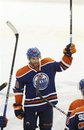Edmonton Oilers ' Sam Gagner salutes the fans after scoring four goals and totalling 8 points against the Chicago Blackhawks during NHL hockey action in Edmonton on Thursday, Feb. 2, 2012. Gagner ended the game with 4 goals and 4 assists. Gagner tied Wayne Gretzky and Paul Coffey for the most points in a game in Oilers history.