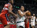 Boston Celtics ' Avery Bradley (0) drives past Washington Wizards ' Kevin Seraphin (13) in the second quarter of an NBA basketball game in Boston, Sunday, March 25, 2012. The Celtics won 88-76.