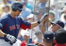 Boston Red Sox manager Bobby Valentine, right, congratulates Josh Kroeger on his solo home run against the Tampa Bay Rays during the second inning of a spring training baseball game in Port Charlotte, Fla., Sunday, March 18, 2012.