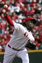 Cincinnati Reds ' Jonny Cueto pitches against the Miami Marlins in the third inning of a baseball game in Cincinnati, Thursday, April 5, 2012. The Reds won 4-0.