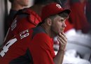 Washington Nationals ' Bryce Harper sits on the bench against the Detroit Tigers during a spring training baseball game in Viera, Fla., Sunday, March 18, 2012. Harper was 1 for 5 with four strikeouts and a double.