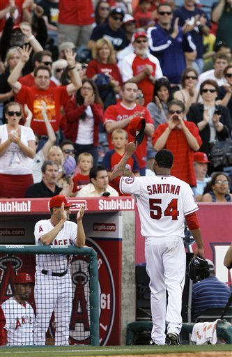 Los Angeles Angels Starting Pitcher Ervin Santana Waves As He Leaves The Baseball Game Against The Oakland Athletics