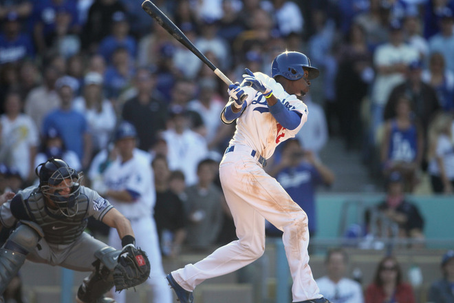   Dee Gordon Of The Los Angeles Dodgers Hits The Game-winning Single In The Ninth Inning Against The San Diego Padres