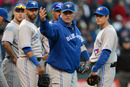 CLEVELAND, OH - APRIL 5: Manager John Farrell #52 of the Toronto Blue Jays signals to the dugout during the twelfth inning against the Cleveland Indians at Progressive Field on April 5, 2012 in Cleveland, Ohio. (Photo by Jason Miller/Getty Images)