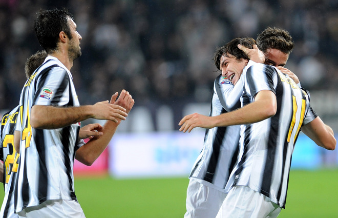 Juventus Defender Paolo De Ceglie (C) Celebrates