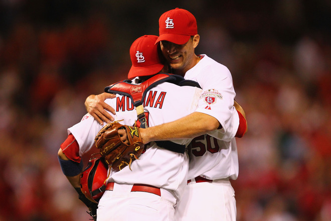  Starter Adam Wainwright #50 Of The St. Louis Cardinals Is Congratulated By Yadier Molina #4 Also Of The St. Louis