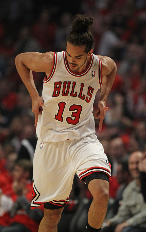  Joakim Noah #13 Of The Chicago Bulls Celebrates Hitting A Shot Against The Philadelphia 76ers In Game Two Of The