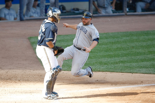  Yonder Alonso #23 Of The San Diego Padres Slides