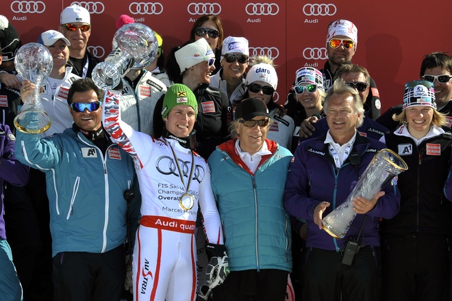 Overall World Cup Winner Austria's Marcel Hirscher 2nd L Pose With The 