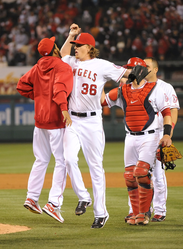   Jered Weaver #36 Of The Los Angeles Angels Of Anaheim Celebrates