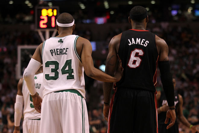   (L-R) Paul Pierce #34 Of The Boston Celtics And LeBron James #6 Of The Miami Heat Stand On Court In Game Three Of The
