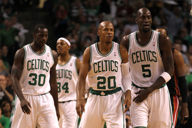   (l-R) Brandon Bass #30, Paul Pierce #34, Ray Allen #20 And Kevin Garnett #5 Of The Boston Celtics Look On In The