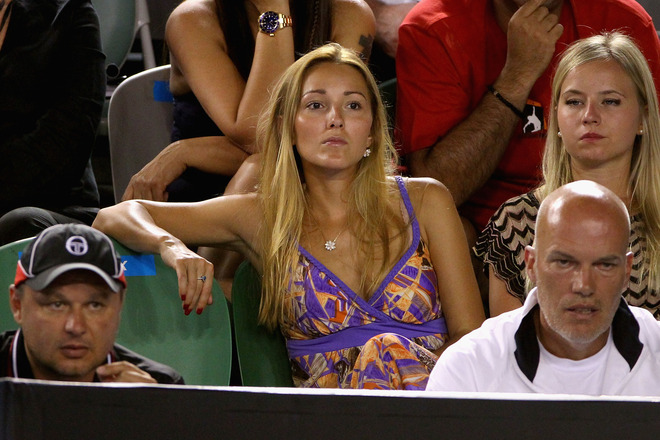   Jelena Ristic, Girlfriend Of Novak Djokovic Of Serbia Watches His Fourth Round Match Against Lleyton Hewitt Of