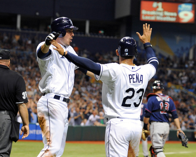  Infielder Carlos Pena #23 And Outfielder Matt Joyce #20 Of The Tampa Bay Rays Celebrate