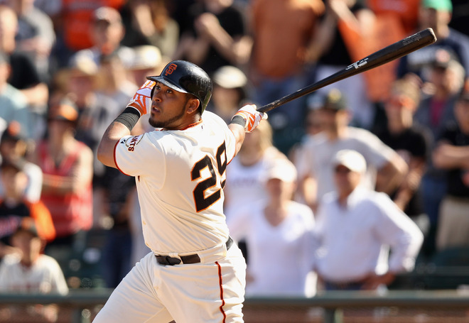   Hector Sanchez #29 Of The San Francisco Giants Hits